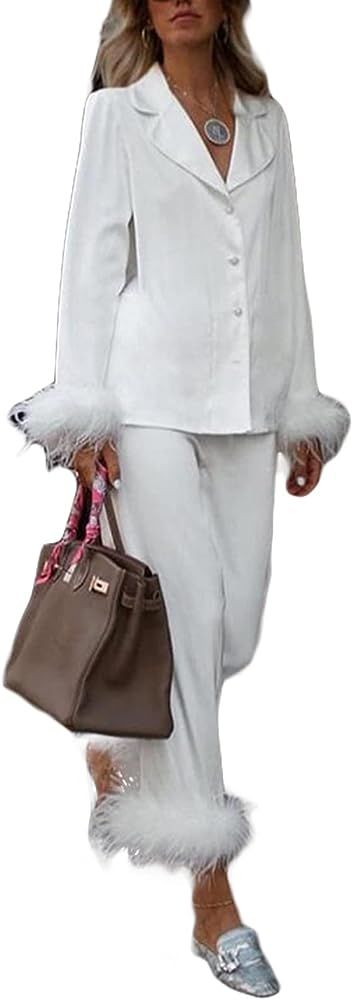 Women Satin Silk Pajamas Set Feather Trim Long Sleeve Button Down Top and Pants Sleepwear Nightwear  | Amazon (US)