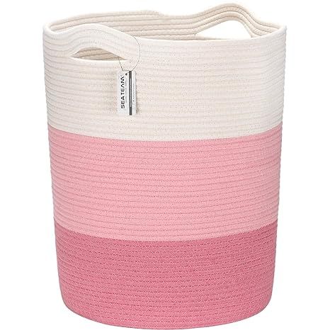 Sea Team Large Size Cotton Rope Woven Storage Basket with Handles, Laundry Hamper, Fabric Bucket,... | Amazon (US)