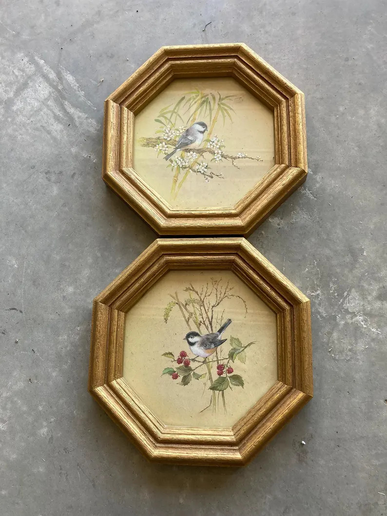 Pair of 2 Vintage Homco Octagon Glass Gold Faux Wood Framed Chickadee Bird Prints | Etsy (US)