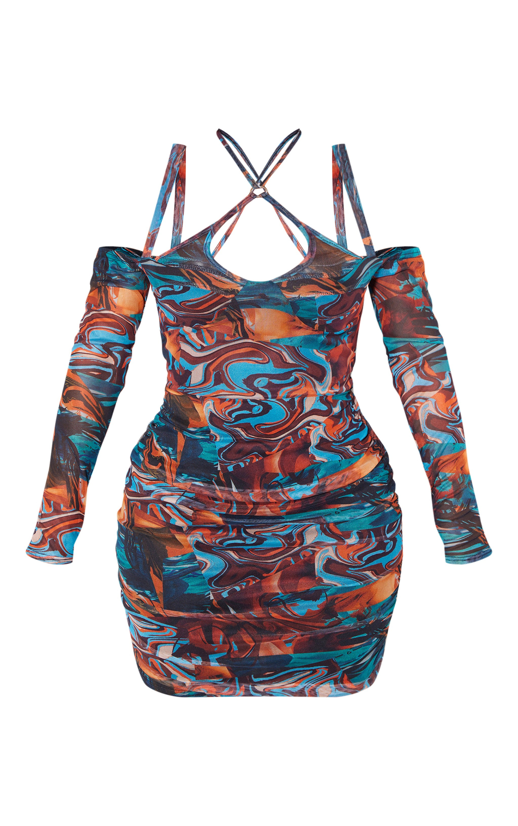 Shape Blue Marble Print Mesh Ring Halterneck Ruched Bodycon Dress | Pretty Little Thing (Australia & New Zealand)