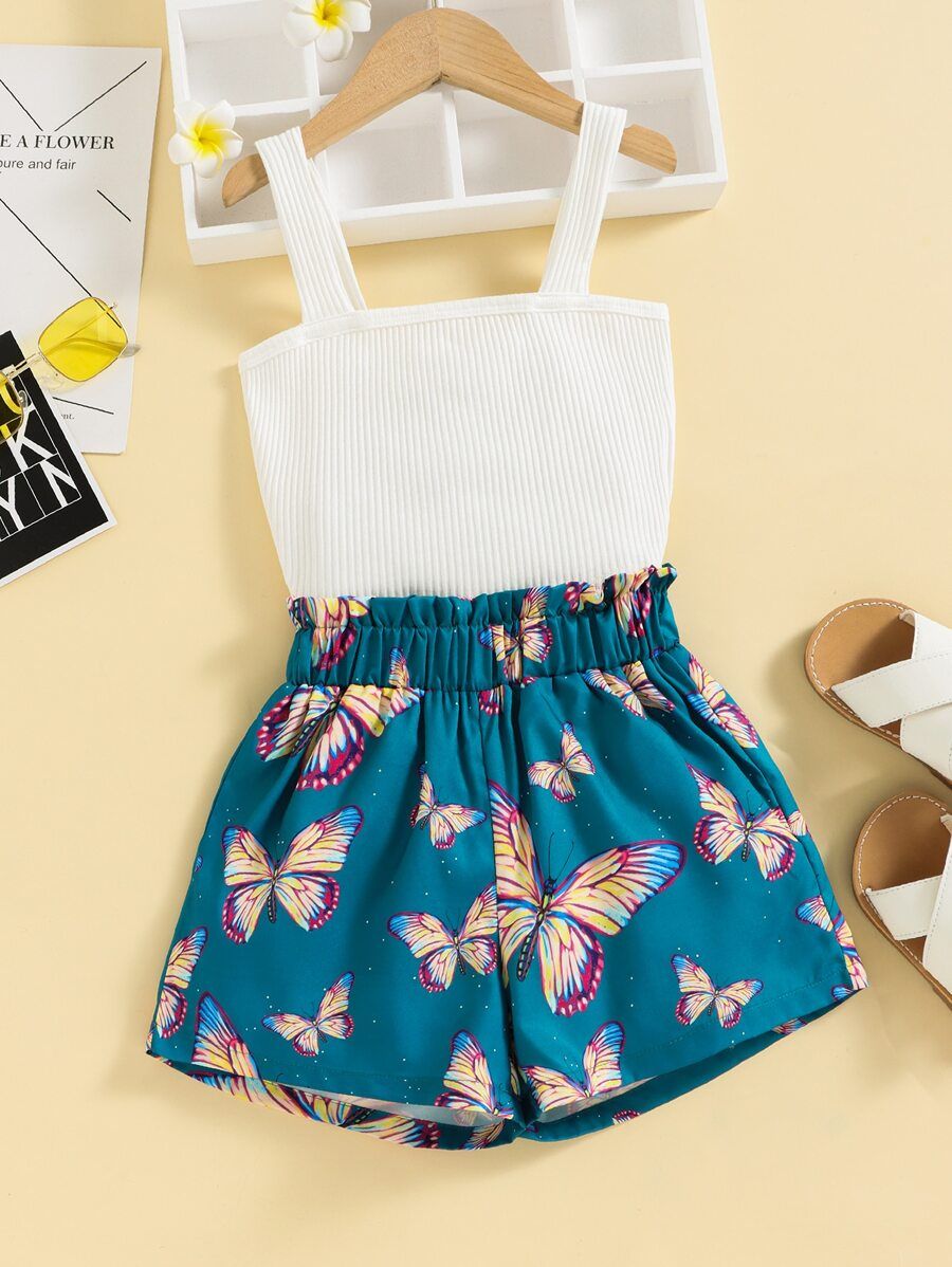 Girls Solid Cami Top & Butterfly Print Shorts | SHEIN