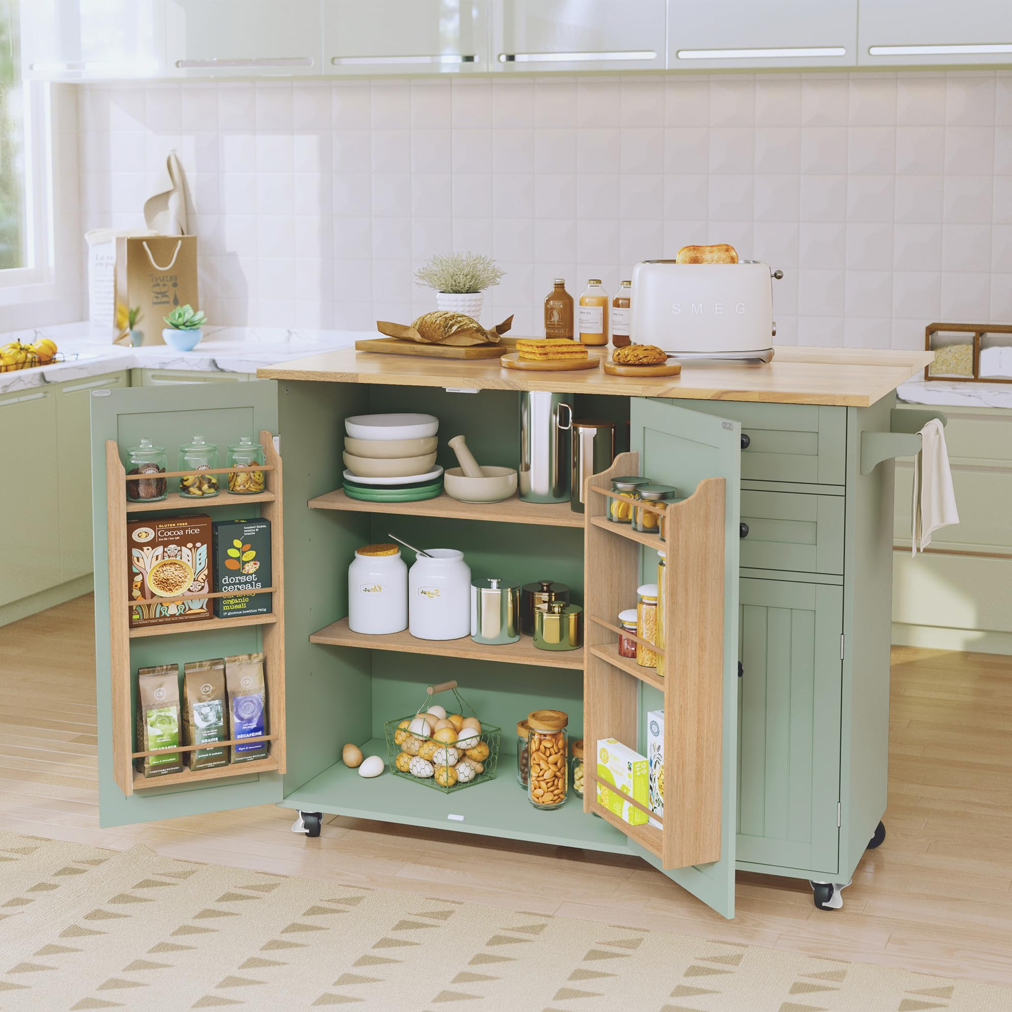 Kitchen Island on Wheels, Kitchen Trolley Storage Islands & Carts with Extendable Rubberwood Work... | Amazon (UK)