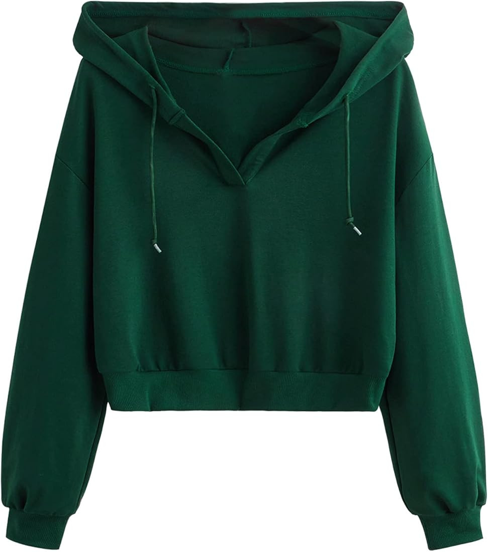 Verdusa Women's Long Sleeve Drop Shoulder Drawstring Crop Hoodie Sweatshirt | Amazon (US)