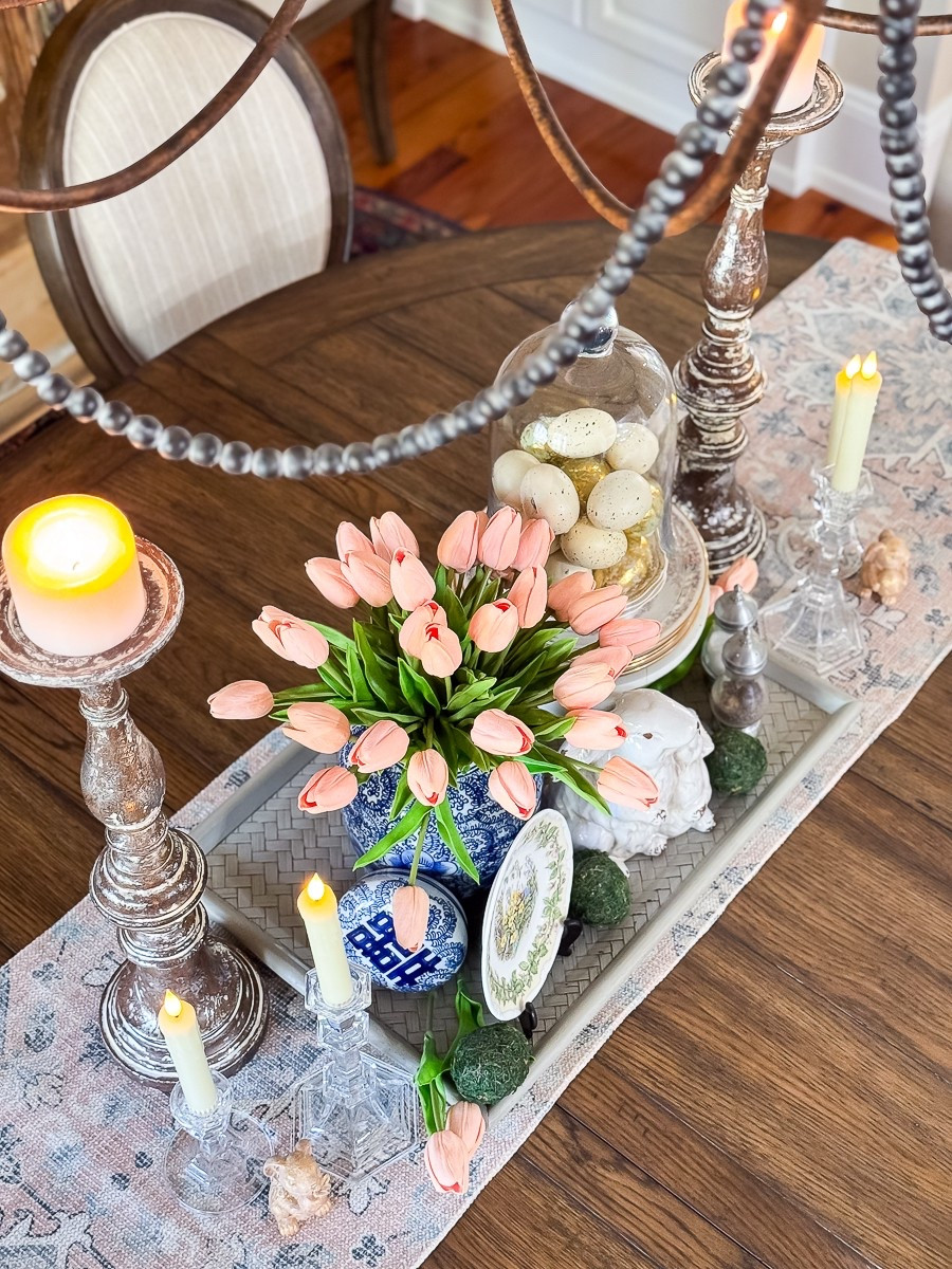 Spring centerpiece perfect for Easter

Chinoiserie | tulips | rabbit plate | gray tray | battery operated candles | glass candlesticks | bunny | rabbit | spring decor 