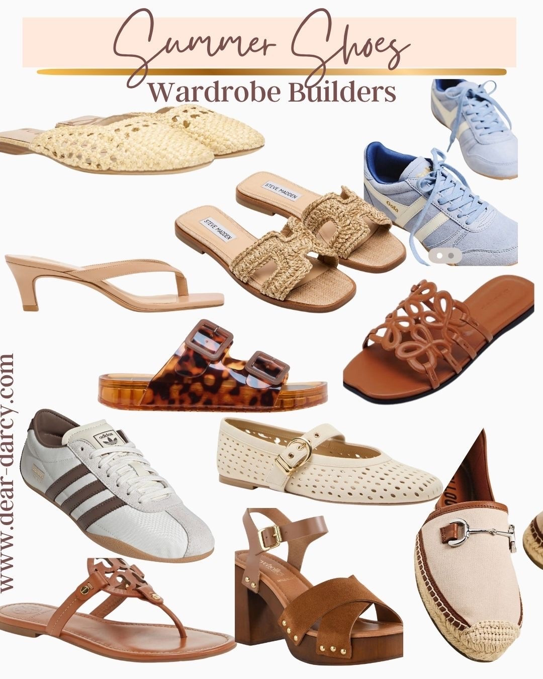 Summer Shoes 
Wardrobe builders 

Shoes that will go with all your summer outfits.
These season “it”sneakers,
Maryjane’s, sandals slides mules and kitten heels
