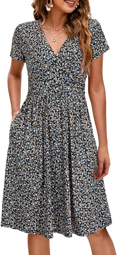 OUGES Maternity Nursing Dress Breastfeeding Short Sleeve V Neck Casual Pregnancy Clothes with Poc... | Amazon (US)