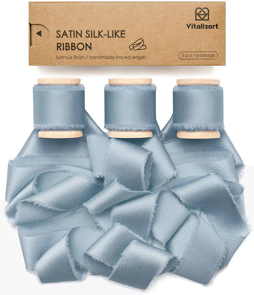Vitalizart Blue Ribbon 1 inch Silk Satin Ribbon 15 Yard Dusty Blue Handmade Frayed Ribbons for Gi... | Amazon (US)