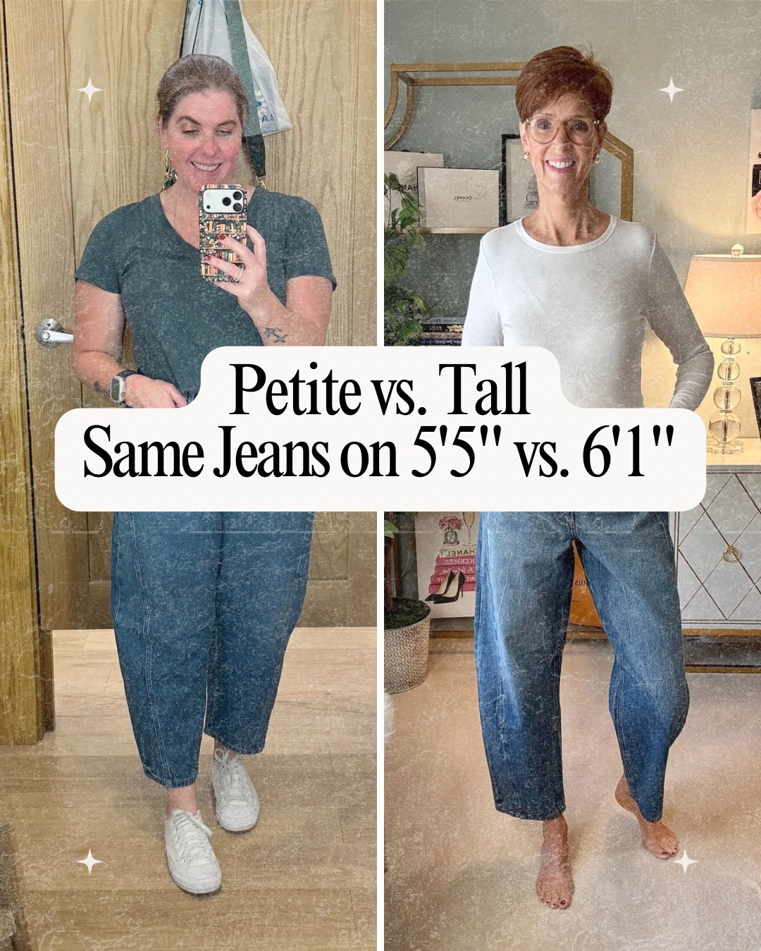 Denim Fit Check: Petite vs Tall
Same Jeans on 5'5" vs 6'1"

If jeans shopping feels like a gamble, this will help. 👖

Suzanne (6'1") and I (5'5") and tried four current denim fits and put them side-by-side so you can see what changes when height and proportions change: rise, knee break, hem length, and where the volume sits.

In these posts you’ll see: • Wide-leg jeans in blue denim (the leg-length test) • Wide-leg jeans in cream denim (great for spring, fit shows fast) • Straight-leg jeans in blue denim (the easiest everyday shape) • Barrel jeans in blue denim (trendier shape—volume placement matters)

✨ Save this as your denim reference before you buy.

All of these jeans are also on sale! You get 40% off, plus an additional 25% off! 

#LTKTall #LTKPetite #LTKSaleAlert