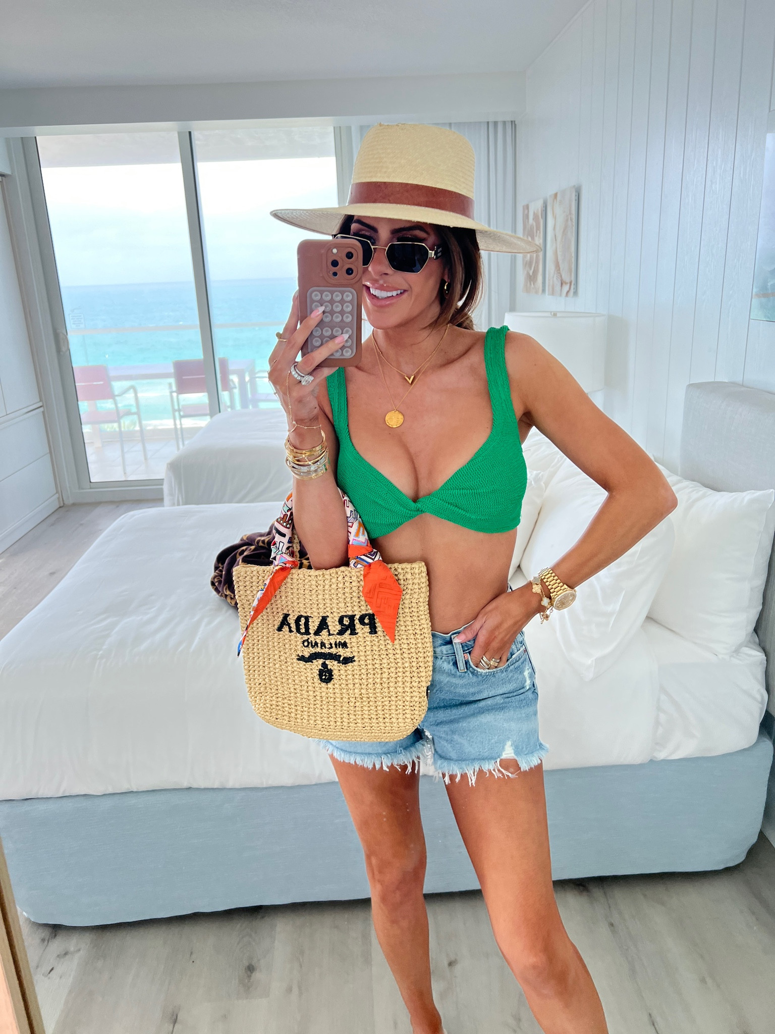 Resort Wear, Vacation Outfits, Hand Chain Ring, Green Bikini, Jean Shorts, Denim Shorts, Prada Straw Bag, Valentino Slide Sandals, Miu Miu Sunglasses, Fendi Twilly scarf, Straw Hat, Summer Hat, Beach hat, Louis Vuitton Towel, Emily Ann Gemma


#LTKSeasonal #LTKswim #LTKstyletip