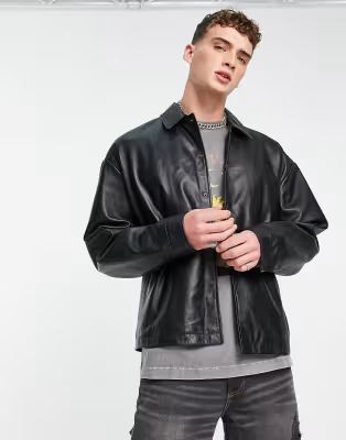 ASOS DESIGN oversized real leather shacket in black | ASOS (Global)