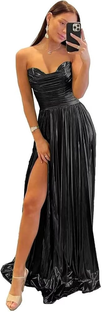 Strapless Sweetheart Mermaid Prom Dresses Long Satin Pleated Split A-Line Formal Evening Party Go... | Amazon (US)