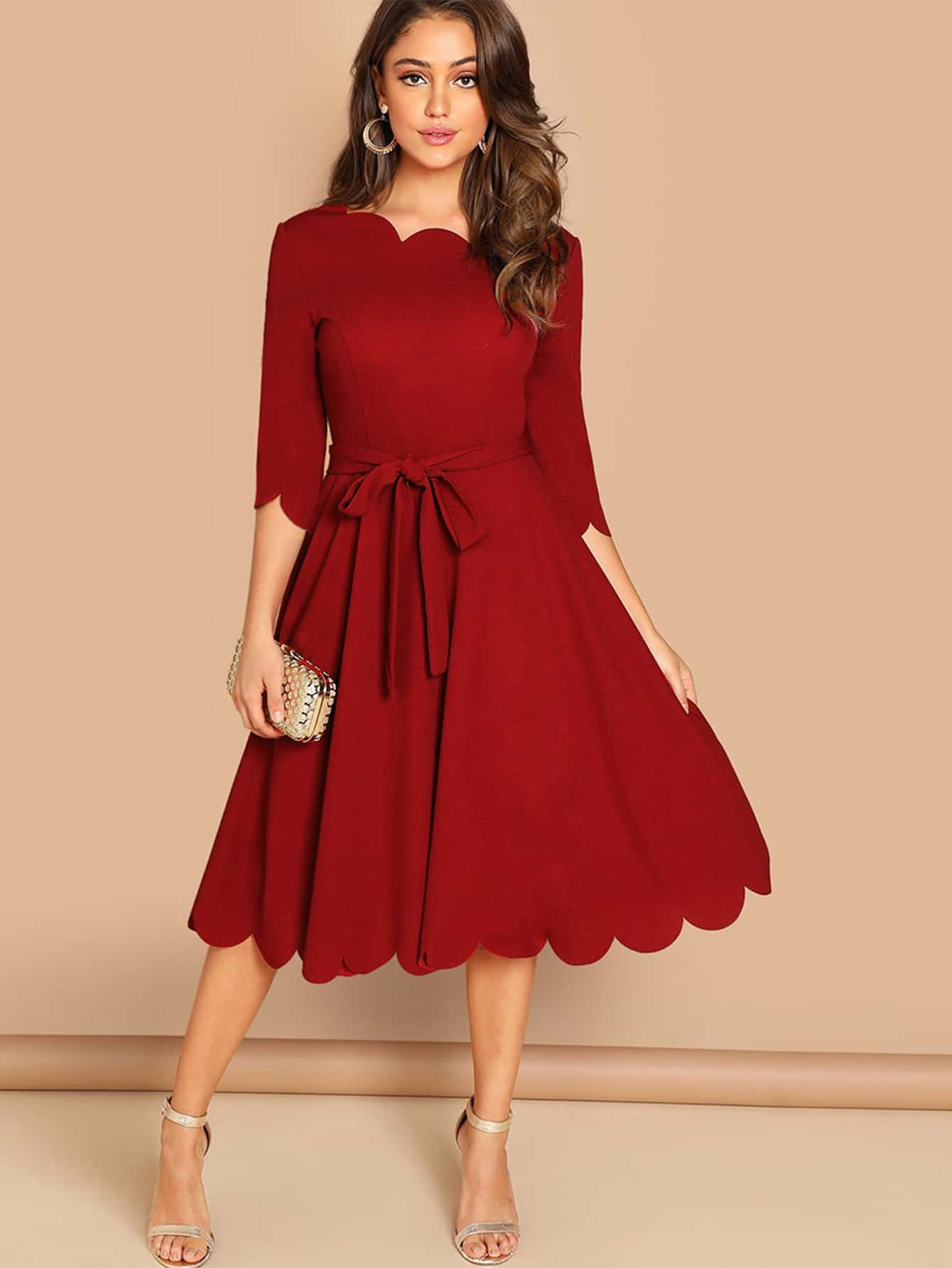 SHEIN Scallop Trim Fit & Flare Dress With Belt | SHEIN