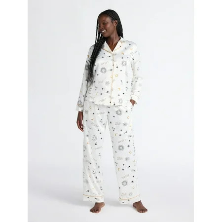 Joyspun Women’s Stretch Satin Notch Long Sleeve Top and Pants Pajama Set 2-Piece Sizes XS-3X | Walmart (US)