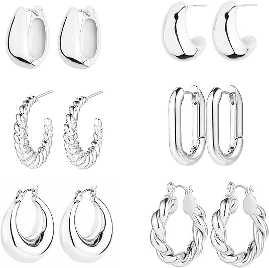 6 Pairs 14K Gold Hoop Earrings for Women Lightweight Chunky Hoop Earrings Multipack Hypoallergeni... | Amazon (US)