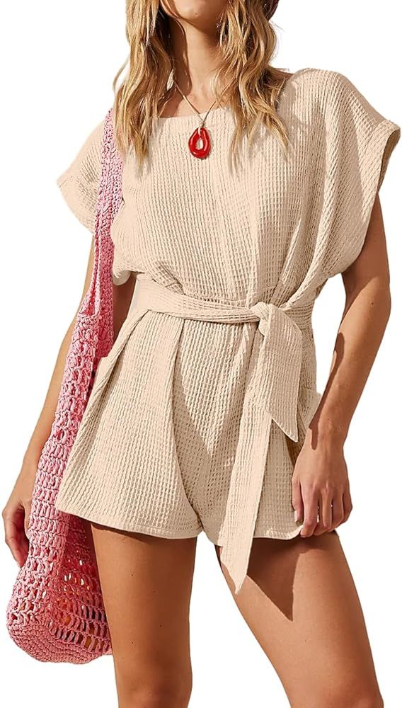 DIRASS Summer Crewneck Waffle Knit Casual Tie Waist Short Sleeve One Piece Rompers Outfits with P... | Amazon (US)