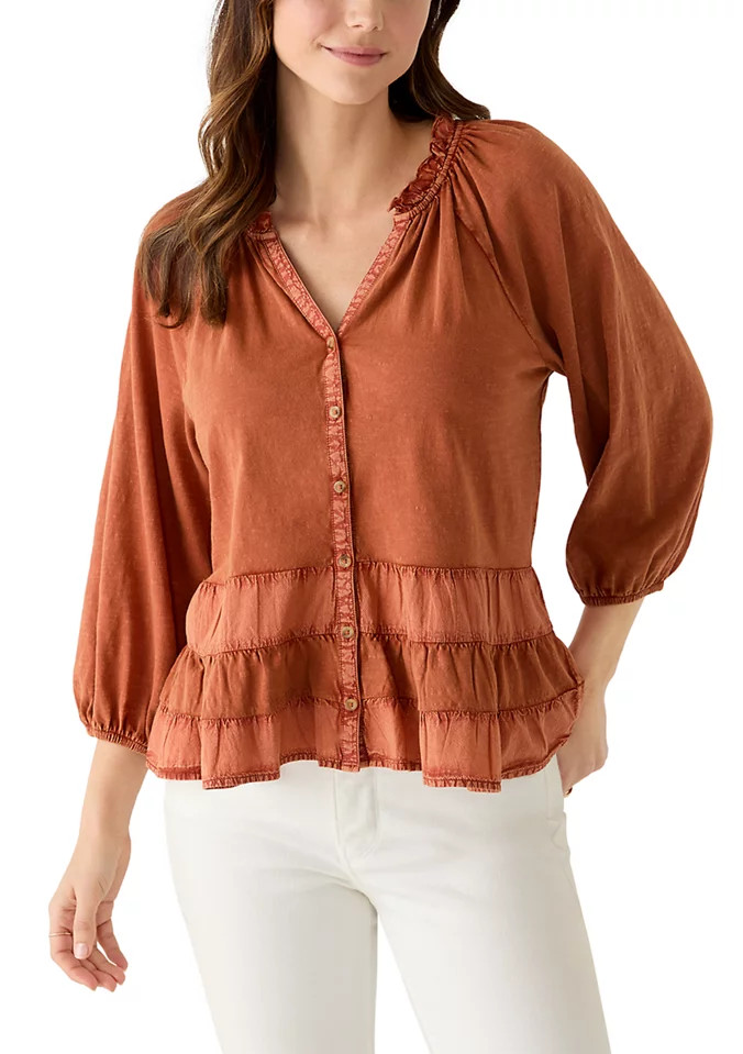 Women's V-Neck Tiered Mixed Media Knit Shirt | Belk