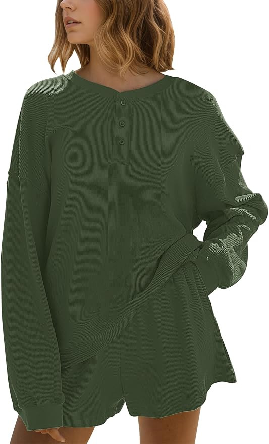 MISSACTIVER Waffle Knit Lounge Sets for Women Long Sleeve Oversized Sweatshirt Elastic Waist Shor... | Amazon (US)