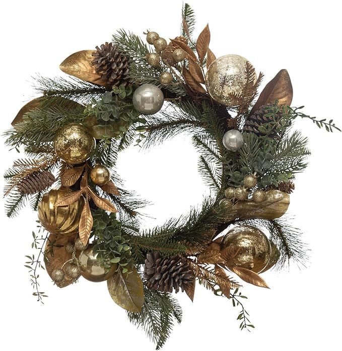 Creative Co-Op Faux Greenery Wreath with Ball Ornaments, Pinecones and Glitter, Silver and Gold F... | Amazon (US)