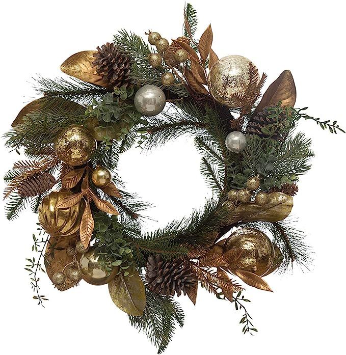 Creative Co-Op Faux Greenery Wreath with Ball Ornaments, Pinecones and Glitter, Silver and Gold F... | Amazon (US)