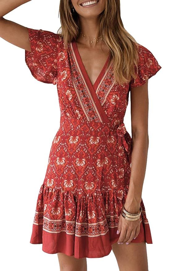 ZESICA Women’s Summer Wrap V Neck Bohemian Floral Print Ruffle Swing A Line Beach Mini Dress | Amazon (US)