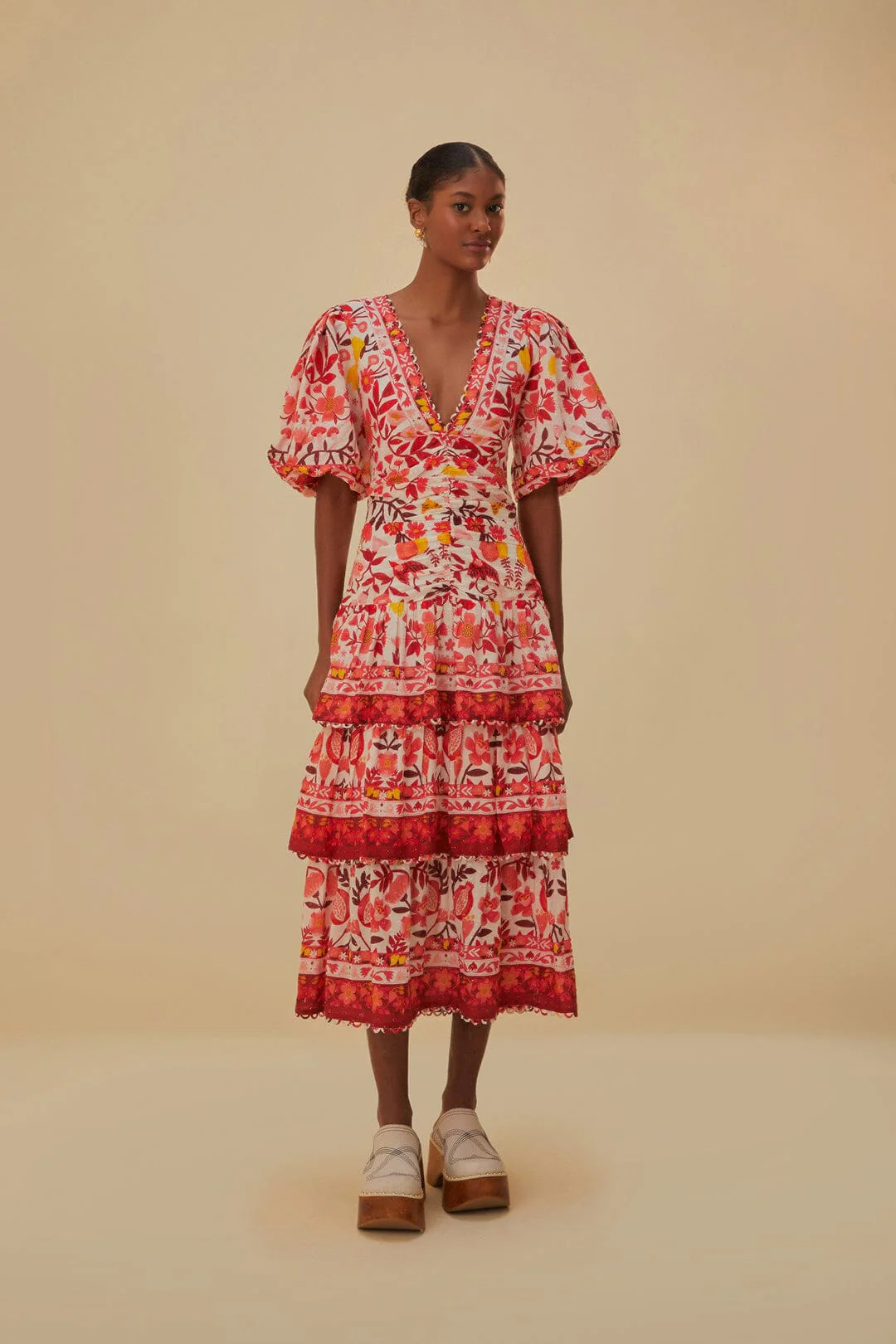 Off-White Romantic Orchard Short Sleeve Midi Dress | FarmRio (US)