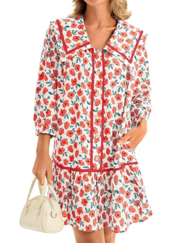 Wenrine Womens Casual Shirt Dresses 3/4 Long Sleeve Floral Button Down Flowy Babydoll Fall Mini Dress Red | Amazon (US)