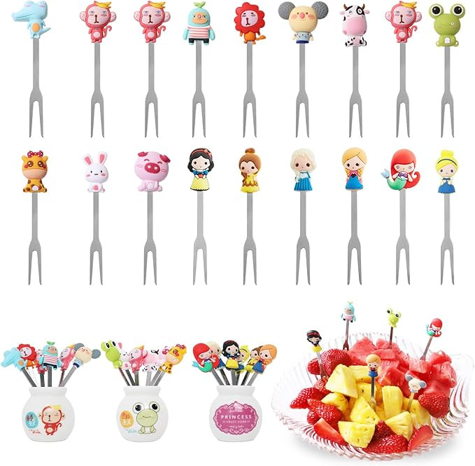 ZAKVOP 18 Pcs Food Picks for Kids with 3 Ceramic Jars, Set of 3 Cute Cartoon Fruit Forks Kids Sta... | Amazon (US)
