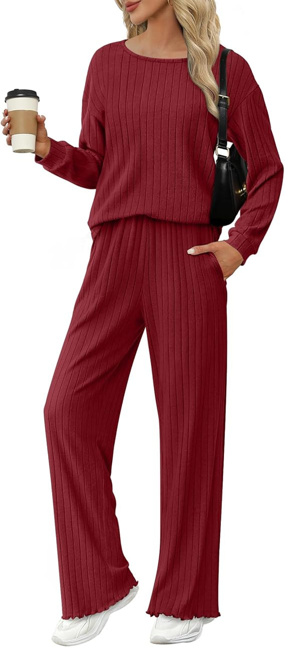 Ekouaer Lounge Sets for Women Comfy Ribbed Knit Pajamas Fall Long Sleeve Sleepwear 2 Piece Casual... | Amazon (US)