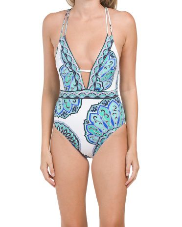 Medallion Plunging V-neck One-piece Swimsuit | TJ Maxx
