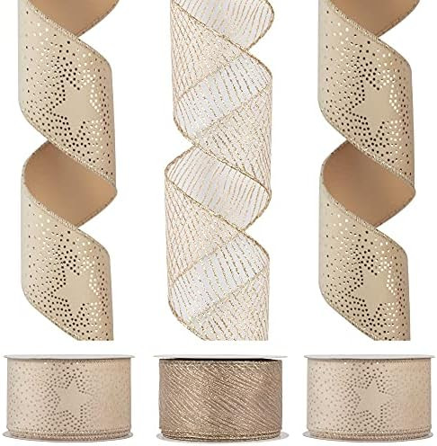 KI Store Wired Christmas Ribbon 3pcs 2.5-Inch X 10-Yard per Spool Champagne Ivory Plush Velvet wi... | Amazon (US)
