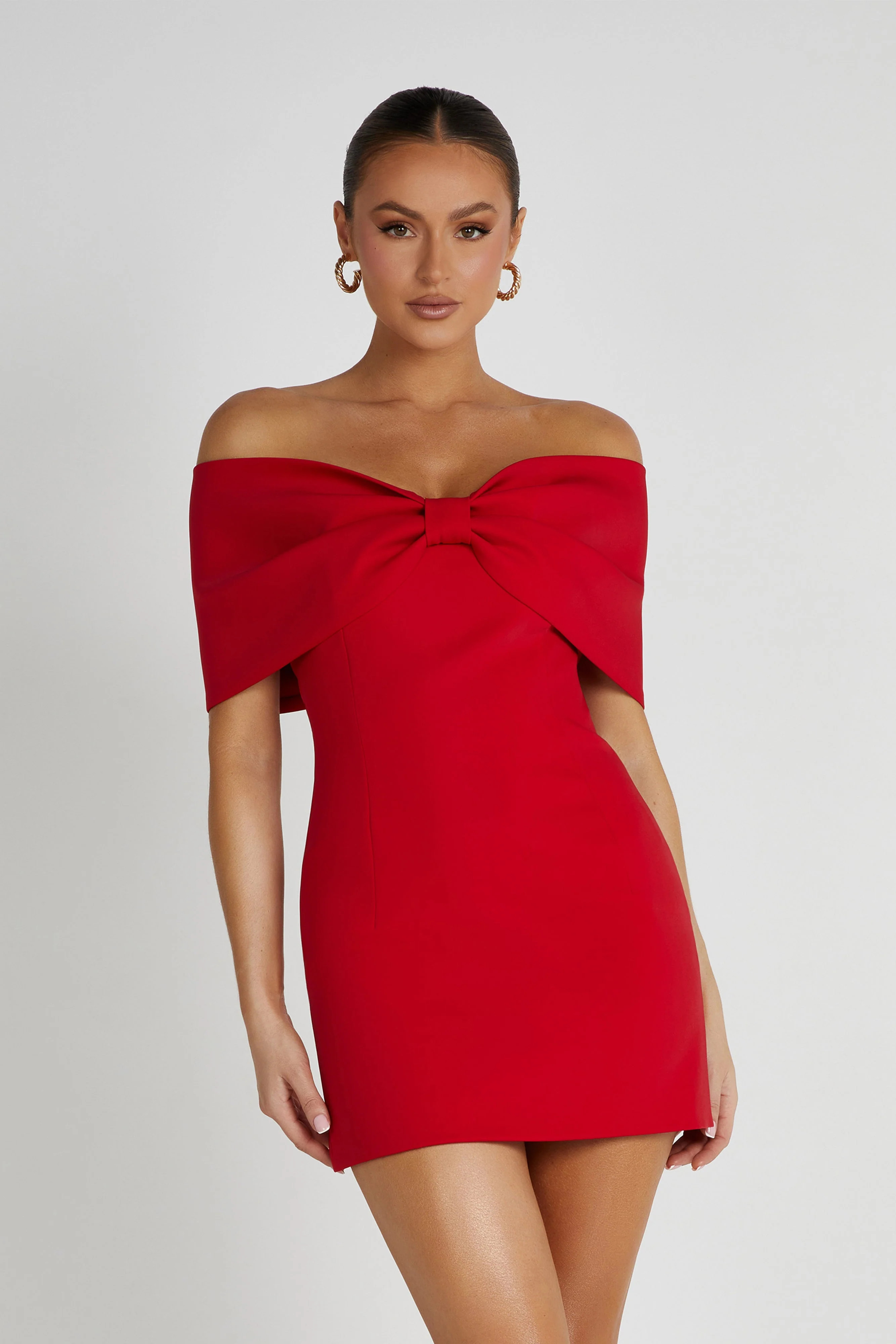Gwyneth Off Shoulder Bow Mini Dress - Red | MESHKI US
