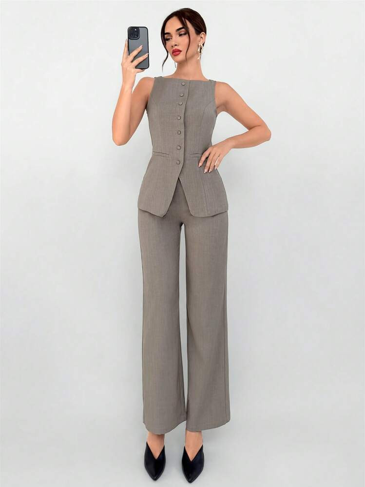 Aloruh Women Business Suit Set: Khaki Color Lapel Decor Faux Pockets Blazer And Trousers, Fall/Wi... | SHEIN