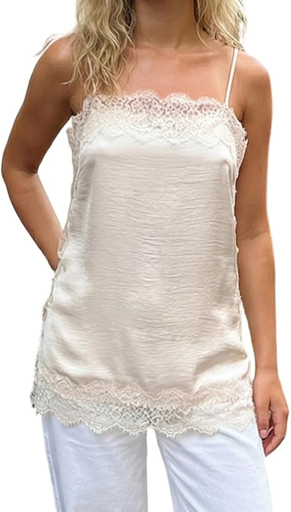 Women Lace Trim Satin Camisole Top Silky Spaghetti Strap V Neck Cami Top Flowy Asymmetrical Going... | Amazon (US)