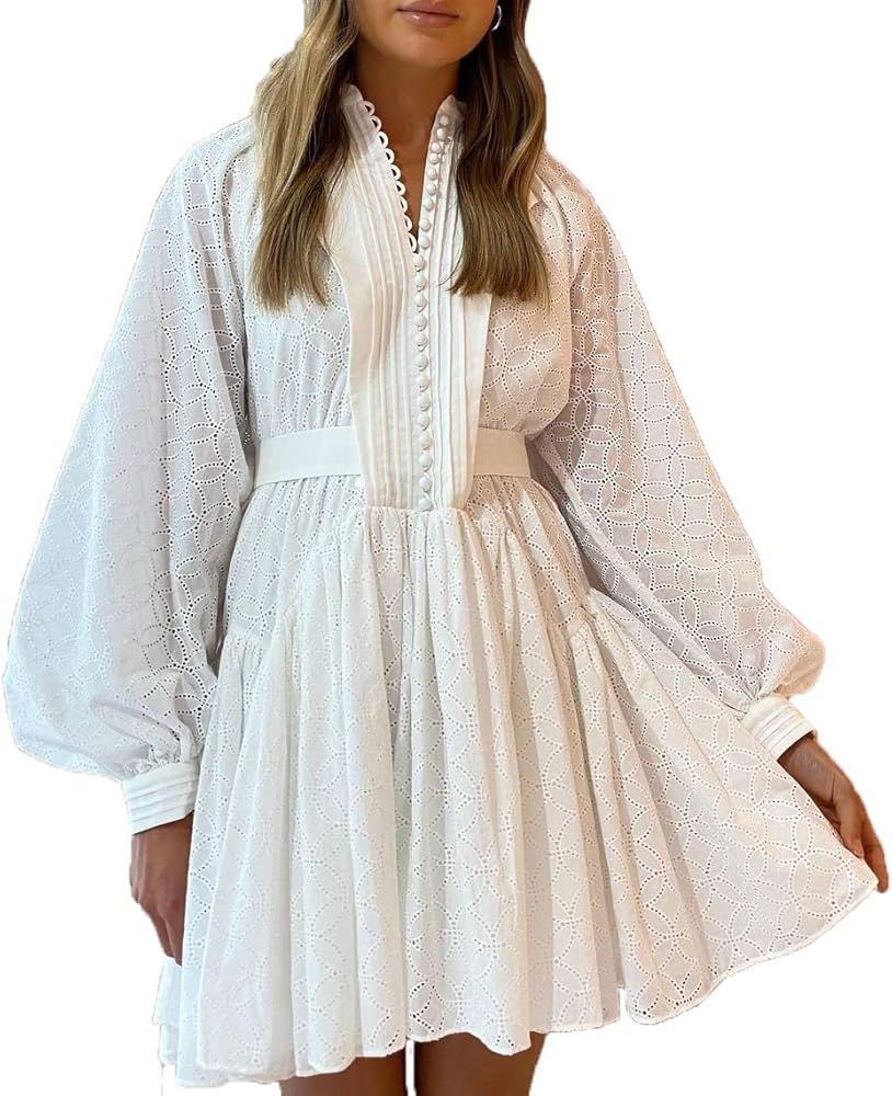 Button Down Shift Swing Dress Ruffle Sleeve Tunic Midi Sundress Pockets Mini Skirt with Waist Str... | Amazon (US)