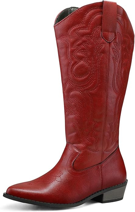 mysoft Women's Wide Calf Cowboy Boots Pull on Cowgirl Embroidered Mid Calf Pointed Toe Chunky Hee... | Amazon (US)