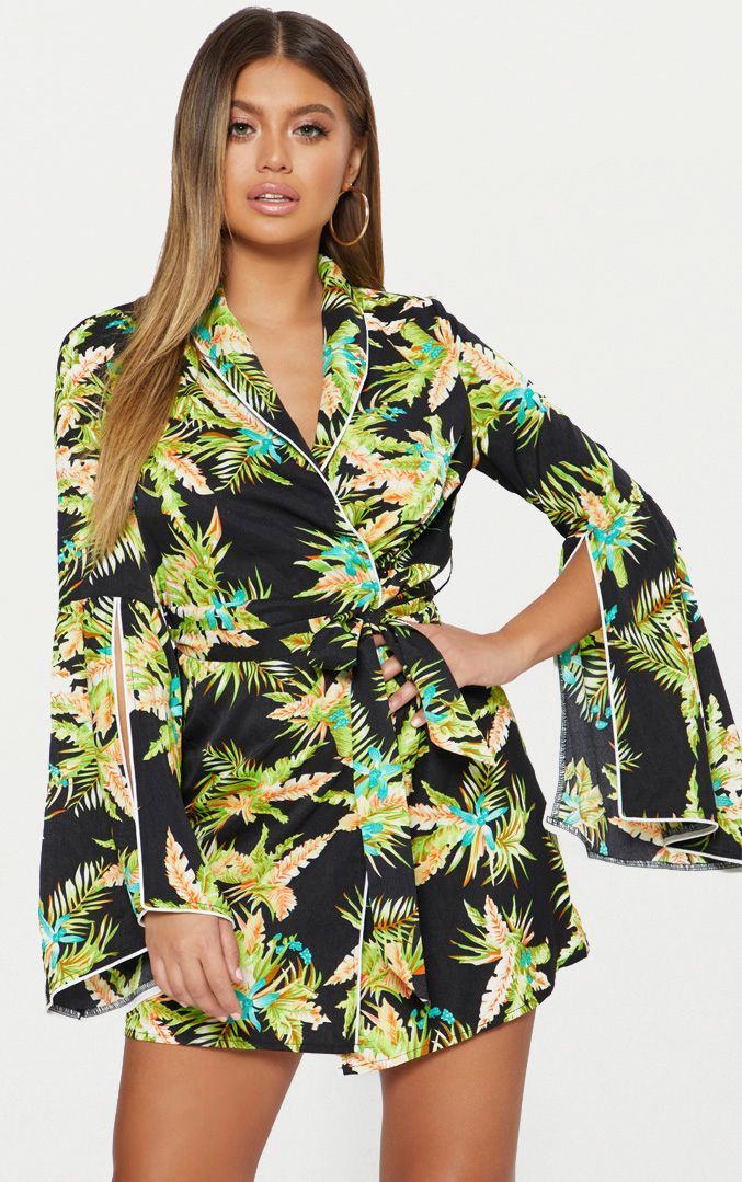 Black Palm Print Flare Sleeve Binding Detail Blazer Dress | PrettyLittleThing US