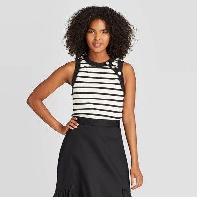 Women's Striped Boat Neck Button Shoulder Tank Top - Who What Wear™ Black | Target