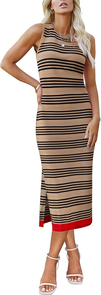 Zeagoo Womens Bodycon Midi Dresses Summer Casual Sleeveless Dress Women Knit Side Slit Striped 20... | Amazon (US)