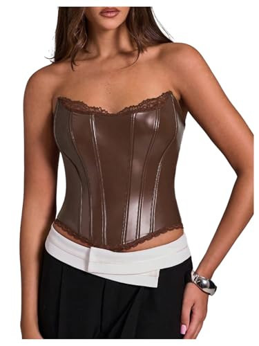 WDIRARA Women's PU Leather Corset Tube Top Lace Up Back Strapless Bandeau Bustier Crop Tops Brown X-Small | Amazon (US)
