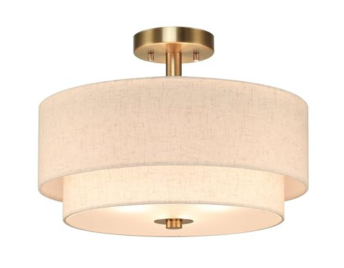 XiNBEi Lighting 16inch Semi Flush Mount Ceiling Light, 3-Light Brass Double Drum Light Fixture with Linen Shade Close to Ceiling Lamp for Bedroom Living Room Kitchen XB-SF1289-BS | Amazon (US)