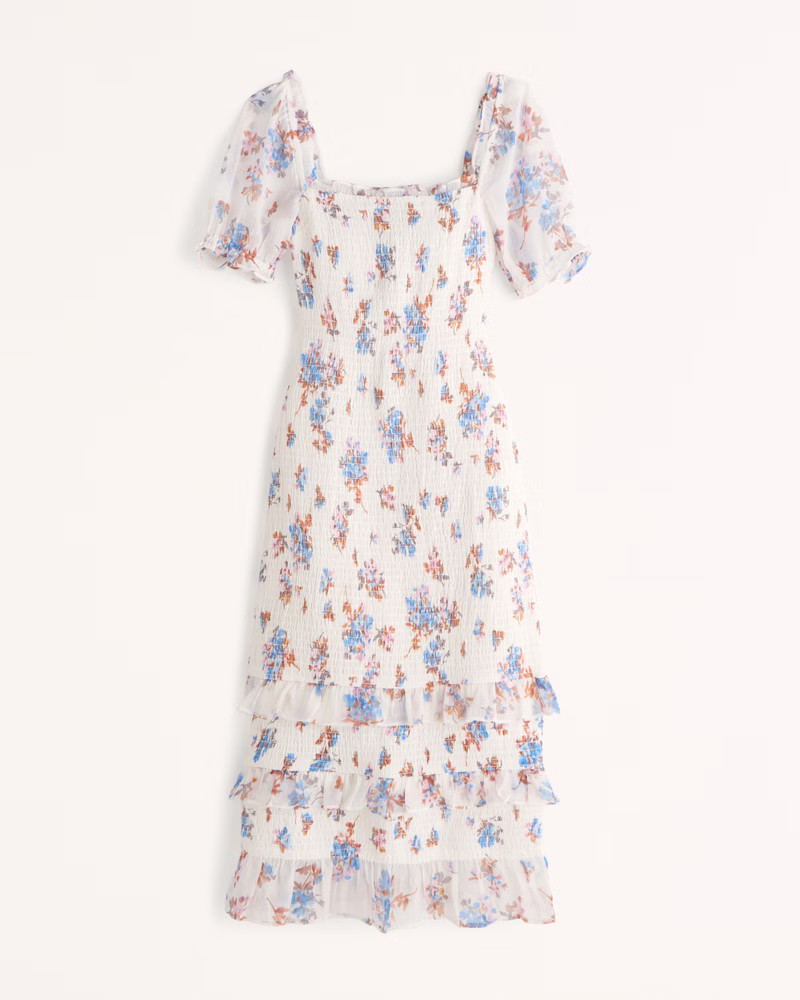 Smocked Puff Sleeve Midi Dress | Abercrombie & Fitch (US)