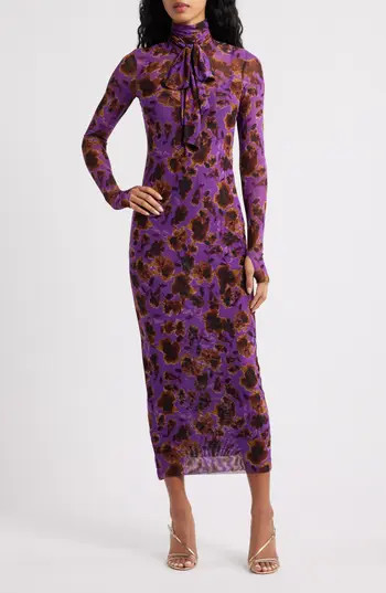 AFRM Bryony Turtleneck Long Sleeve Mesh Maxi Dress in Violet Haze Floral at Nordstrom Rack, Size X-Small | Nordstrom Rack