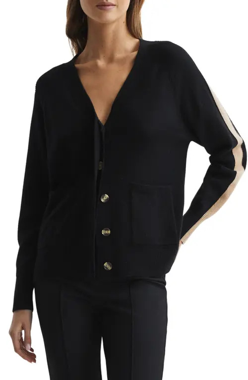 Reiss Amber Stripe Sleeve Cashmere Cardigan in Black/Camel at Nordstrom, Size Large | Nordstrom