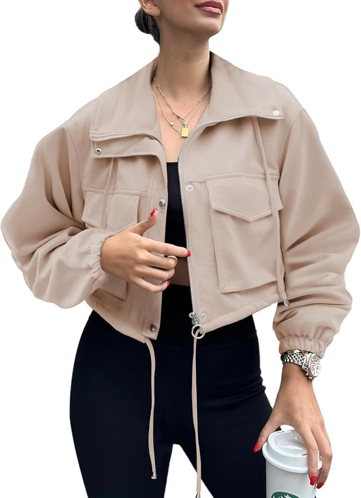 Womens Cropped Jacket Faux Suede Zip Up Oversized Anorak Coats with Pockets Utility Jackets | Amazon (US)