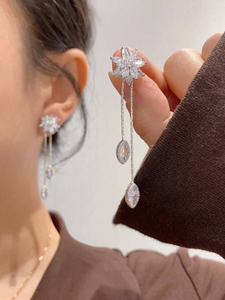 1pair European & American Style Geometric Water Drop & Flower Design Long Tassel Earrings With Rh... | SHEIN