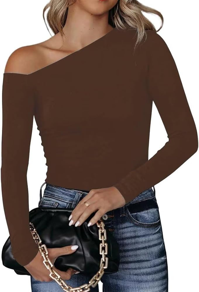 BONITEE Women's One Off Shoulder Tops Asymmetrical Neck Long Sleeve Slim Wrap Tee Shirt Blouse | Amazon (US)