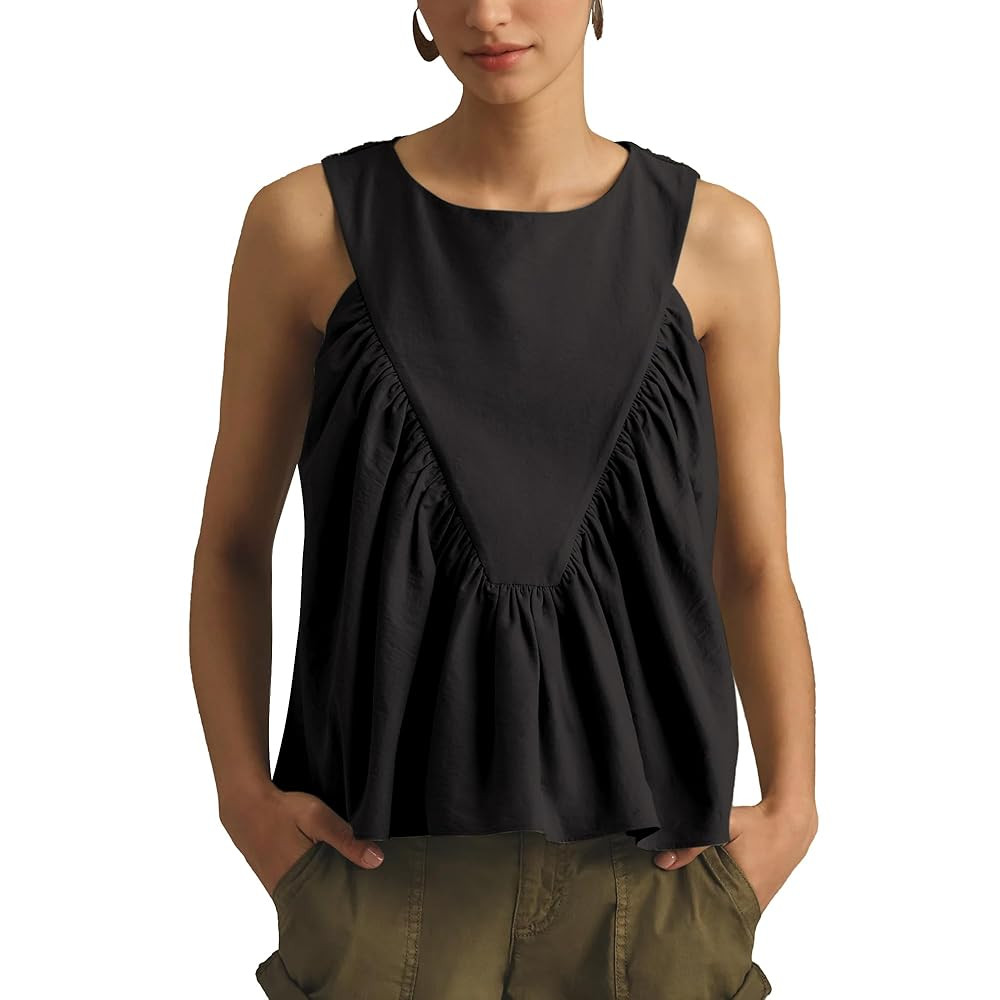 Hixiaohe Shirred Swing Tank Tops for Women Fashion Flowy Sleeveless Shirts Casual Crew Neck Blous... | Amazon (US)