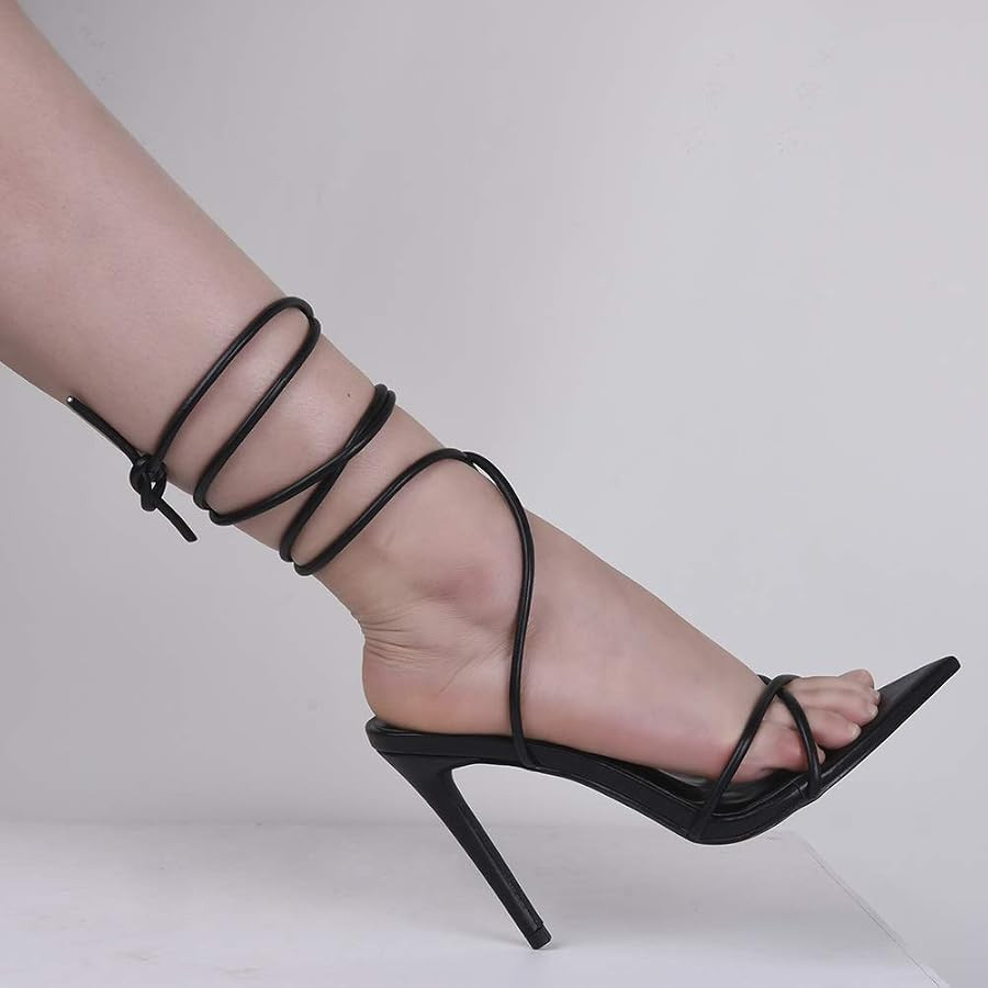 GENSHUO Women's Sexy Strappy heel Sandals 11cm/4.33 inch High Stiletto Heeled Pump Pointed Open toe Party Wedding Shoes Black Size 8.5 | Amazon (US)