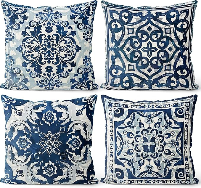Vintage Blue and White Throw Pillow Covers 18x18 Set of 4, Retro Boho Ethnic Navy Blue Moroccan T... | Amazon (US)