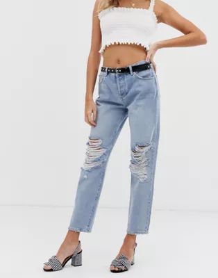 Miss Selfridge recycled denim boyfriend jeans with rips in mid wash | ASOS US